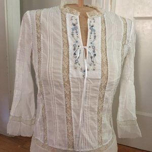 Rebecca Taylor Lace and Embroidery Cotton Top Ivory with Blue trim Woman 6